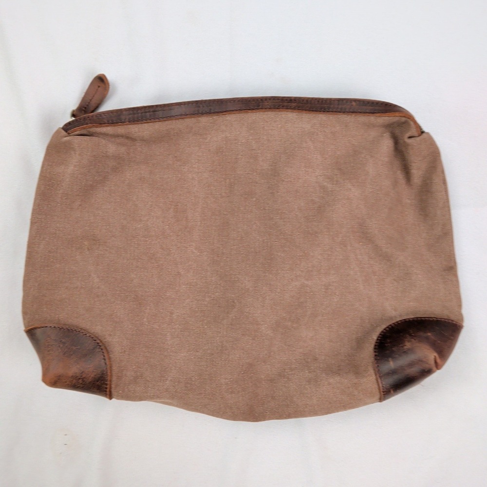 Mens Brown Canvas Cowhide Leather Toiletry Bag Travel Pouch Minimalist Cabin
